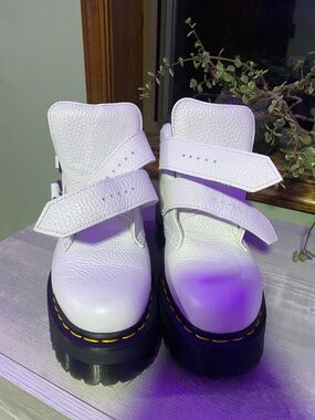 Dr. Martens Leather Platform Strap Boots with Yellow Stitching (worn 3 times)